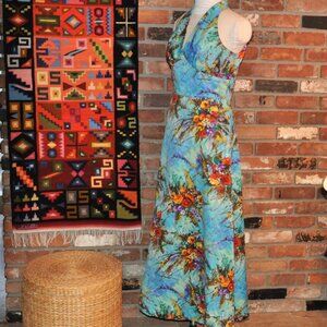 Vintage 60s Halter Style Long Dress Gown, Empire waist, Bright Floral Bouquet M